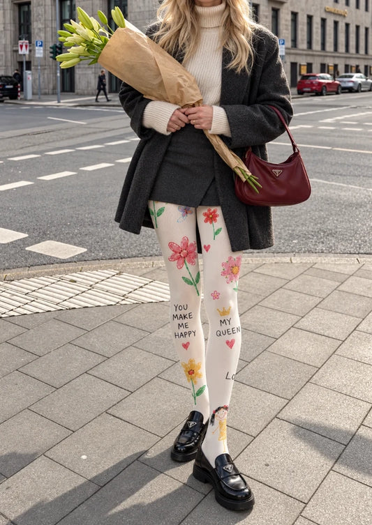 White Crayon Floral Doodle Tights