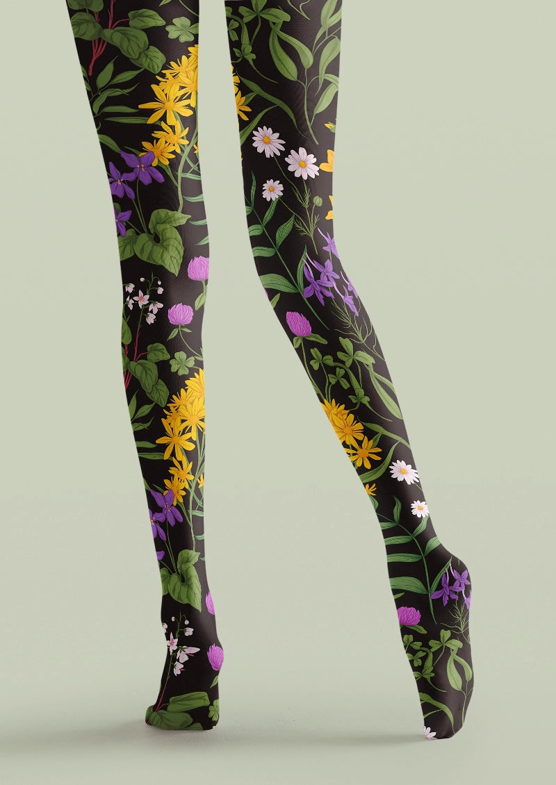 Dark Botanical Wildflower Print Tights Hosiery Pantyhose