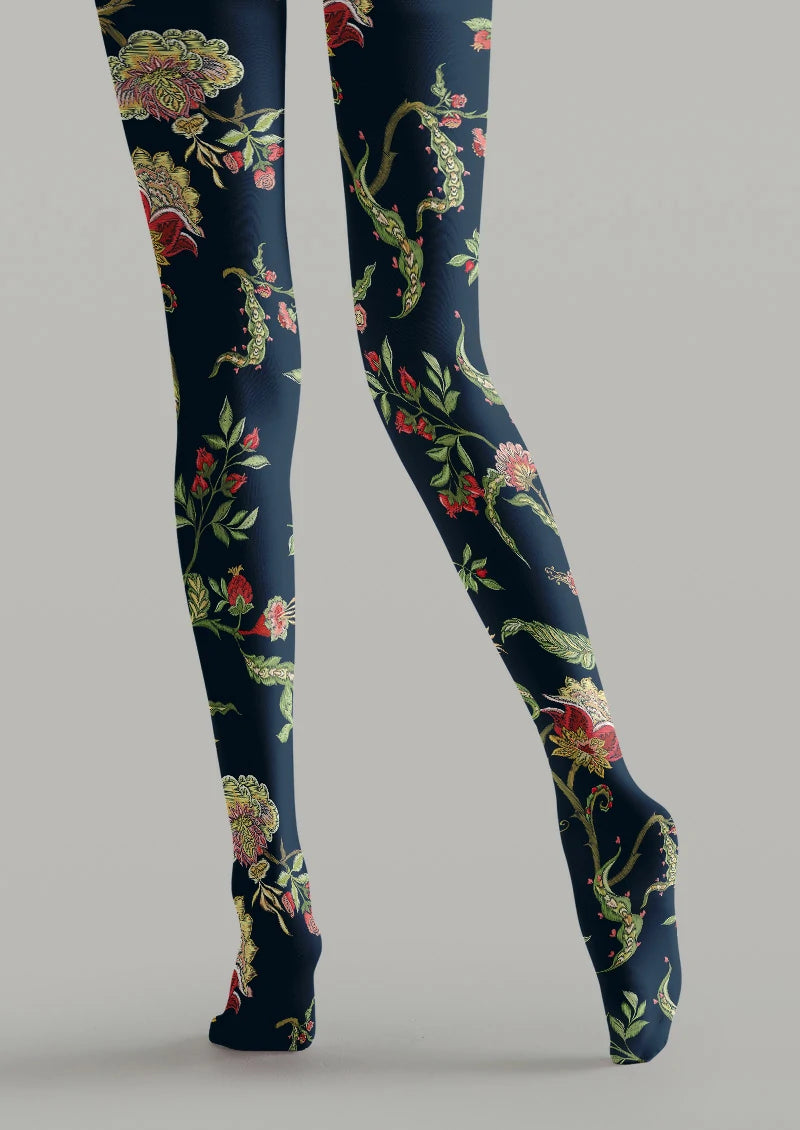 Navy Red Botanical Floral Tights