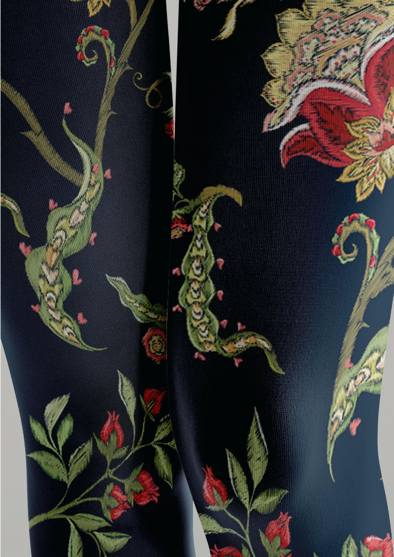 Navy Red Botanical Floral Tights
