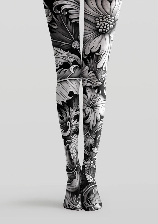 Monochrome Tattoo Floral Print Tights Hosiery Pantyhose