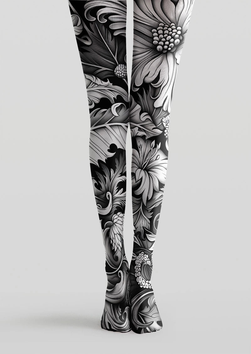 Monochrome Tattoo Floral Print Tights Hosiery Pantyhose