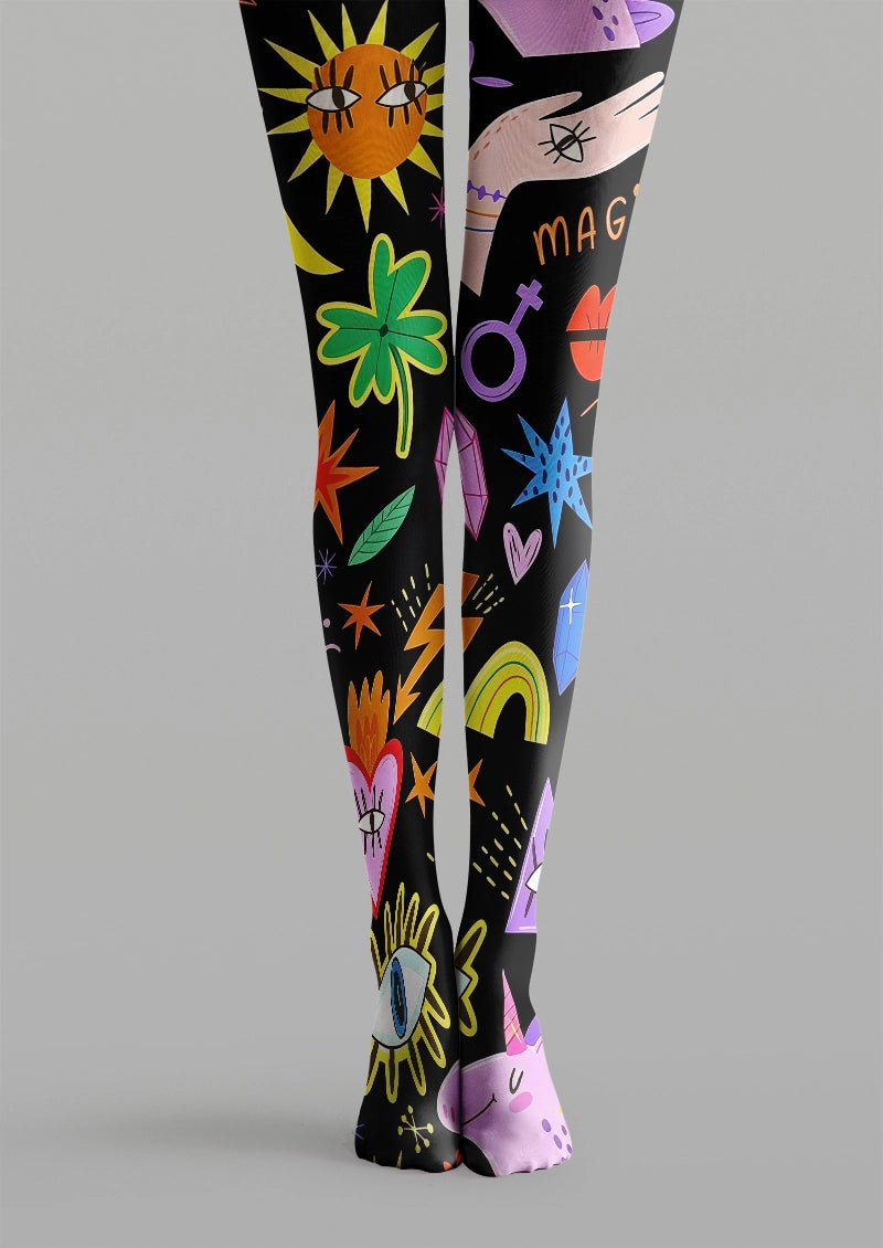 Whimsical Magic Eye & Clover Graphic Tights Hosiery Pantyhose