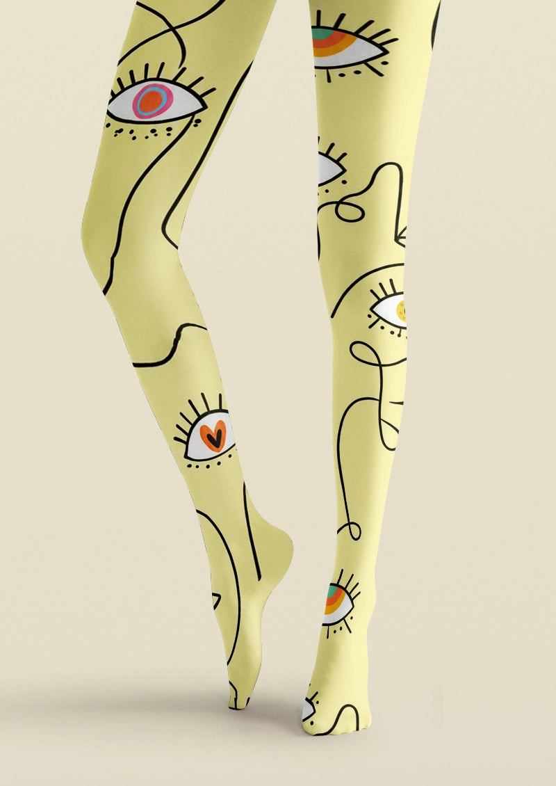 Yellow Eye Doodle Graphic Print Tights Hosiery Pantyhose
