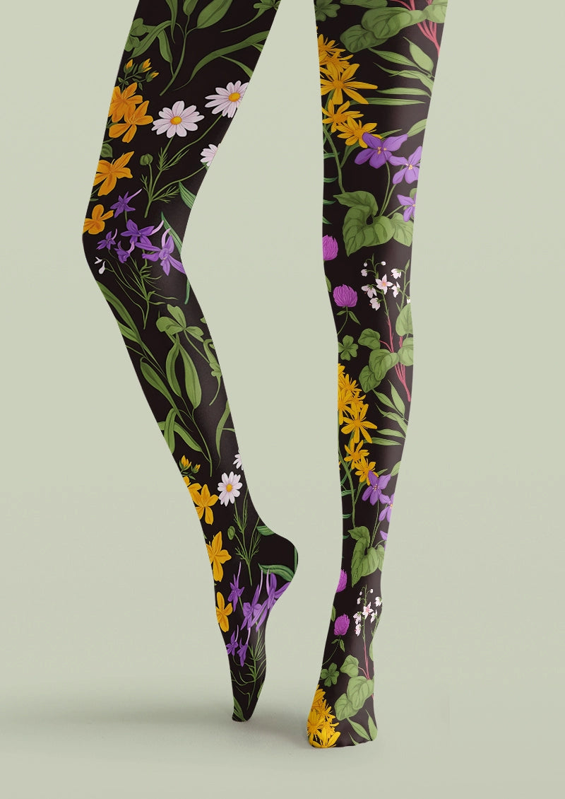 Dark Botanical Wildflower Print Tights Hosiery Pantyhose