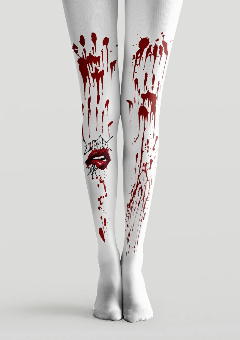 White printed tights with red bloody handprints, dripping splashes, red lips, black lettering and a spiderweb.