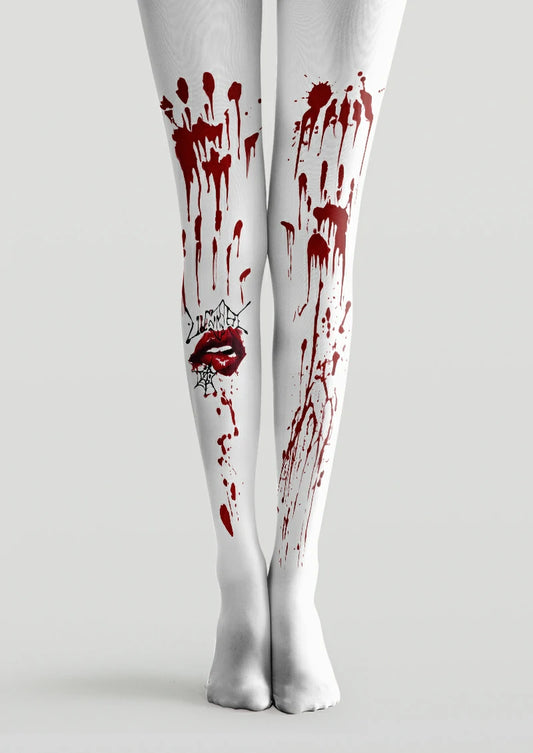 White printed tights with red bloody handprints, dripping splashes, red lips, black lettering and a spiderweb.