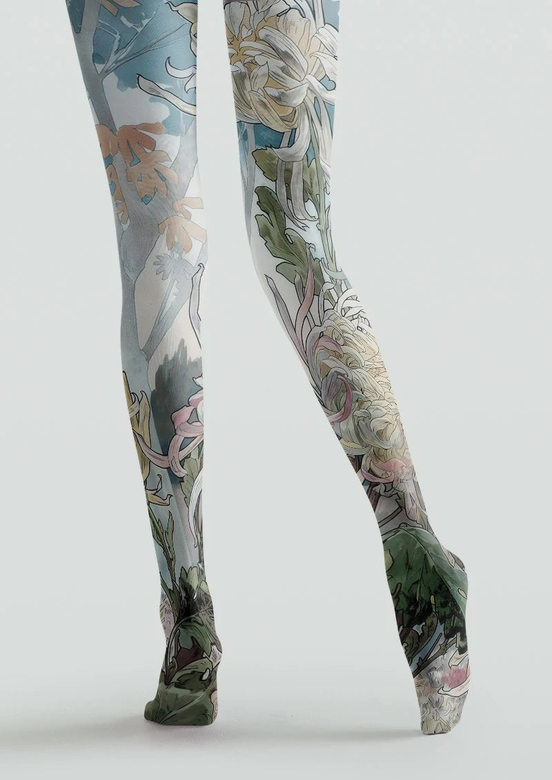 Watercolor Chrysanthemum Floral Tights Hosiery Pantyhose
