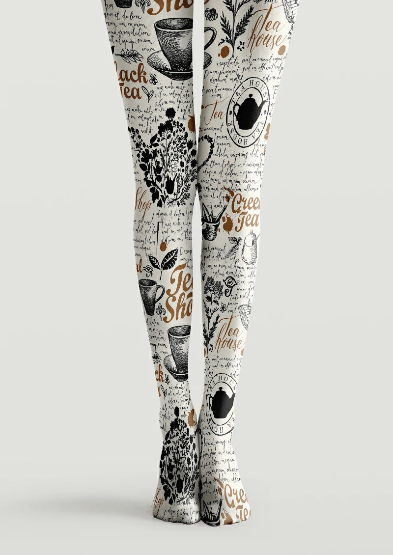 Vintage Tea Script Graphic Tights Hosiery Pantyhose