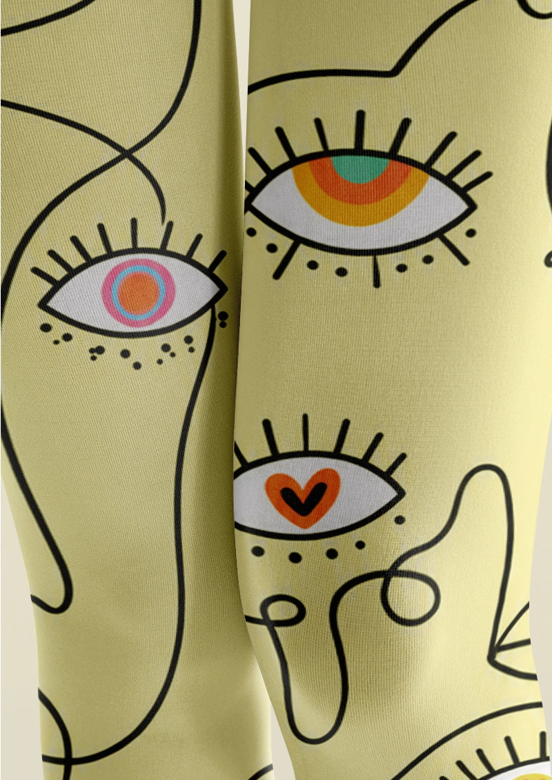 Yellow Eye Doodle Graphic Print Tights Hosiery Pantyhose
