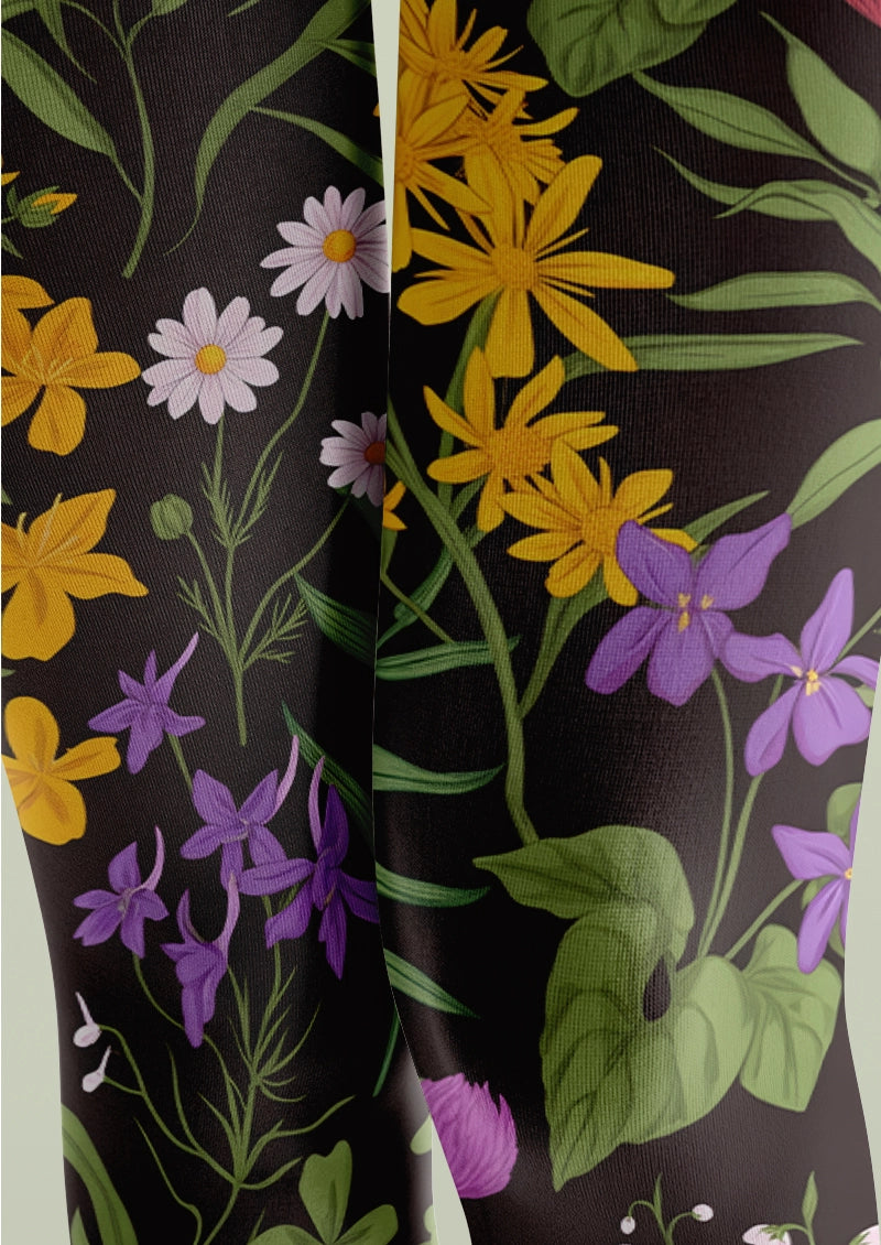 Dark Botanical Wildflower Print Tights Hosiery Pantyhose