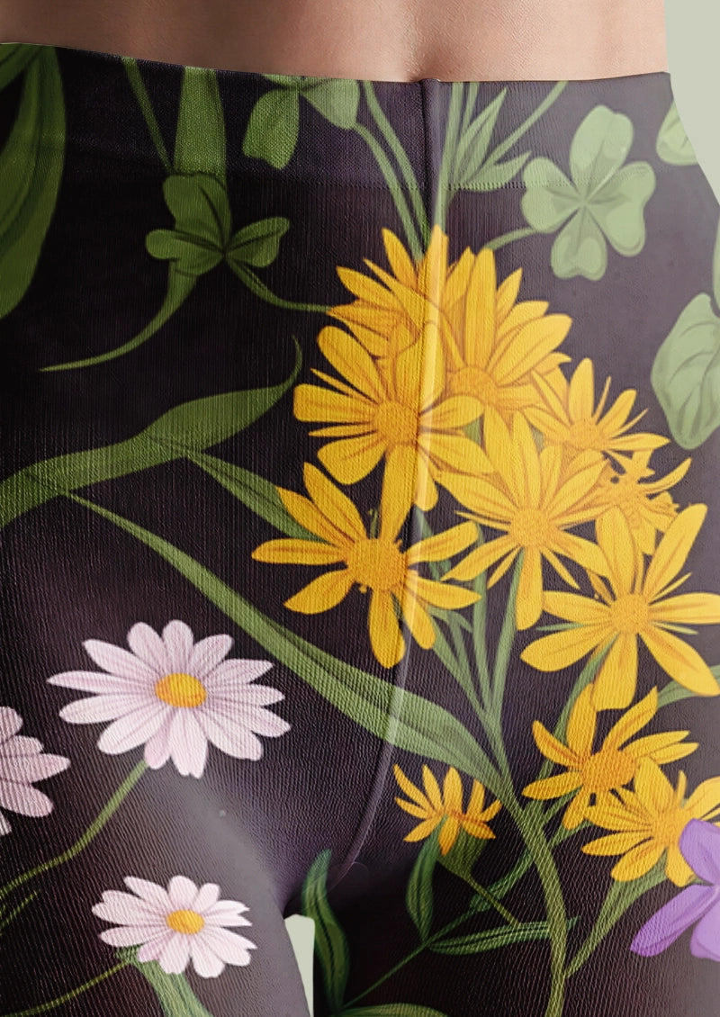 Dark Botanical Wildflower Print Tights Hosiery Pantyhose