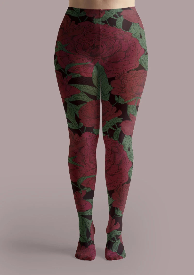 Crimson Rose Floral Tights Hosiery Pantyhose