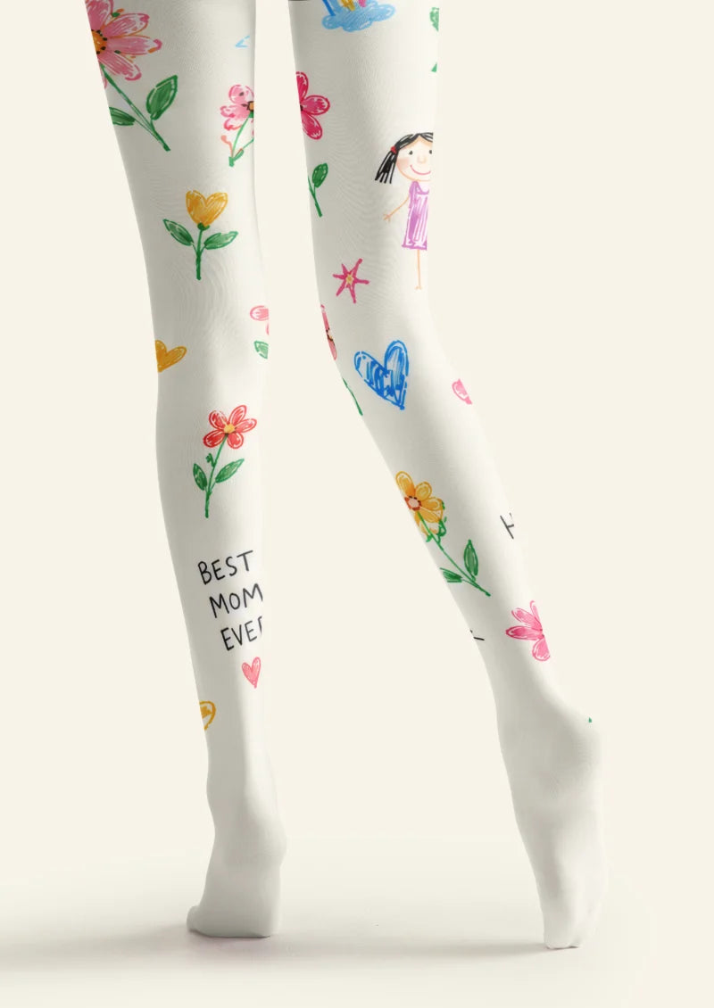 White Crayon Floral Doodle Tights