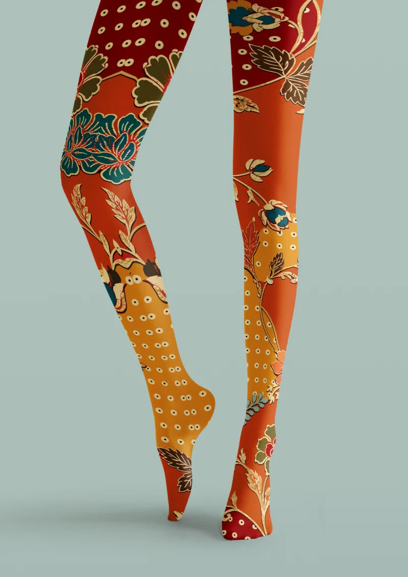 Red Orange Floral Tights