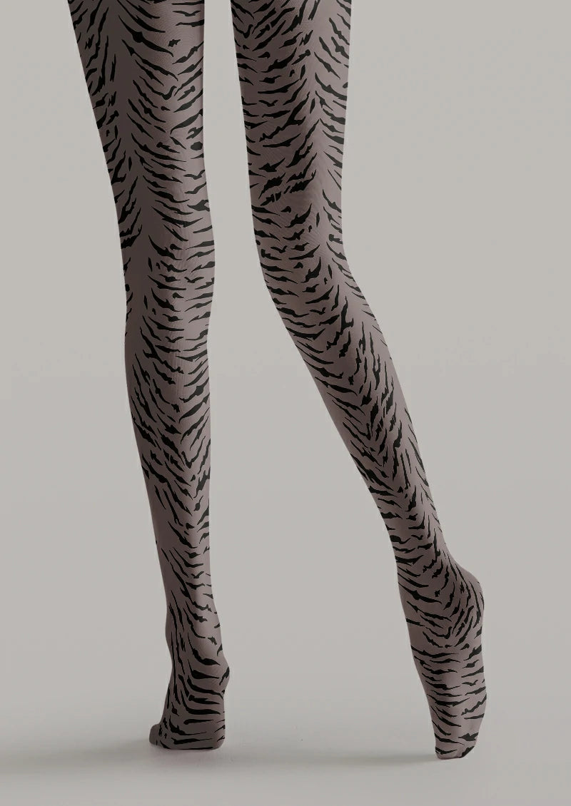 Gray printed tights with irregular black tiger stripes extending along both legs and across the feet.