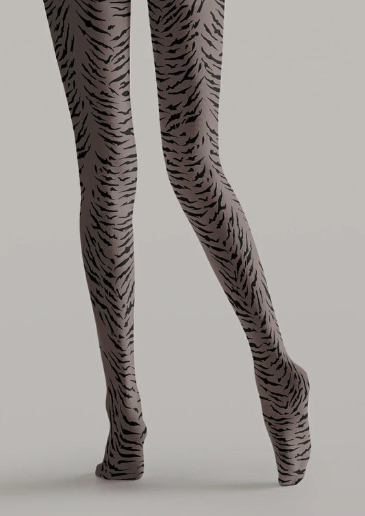 Gray printed tights with irregular black tiger stripes extending along both legs and across the feet.