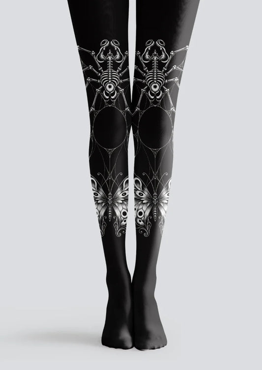 Black tights with gray and white skeletal spiders, delicate spiderwebs, large butterflies, and ornamental curls