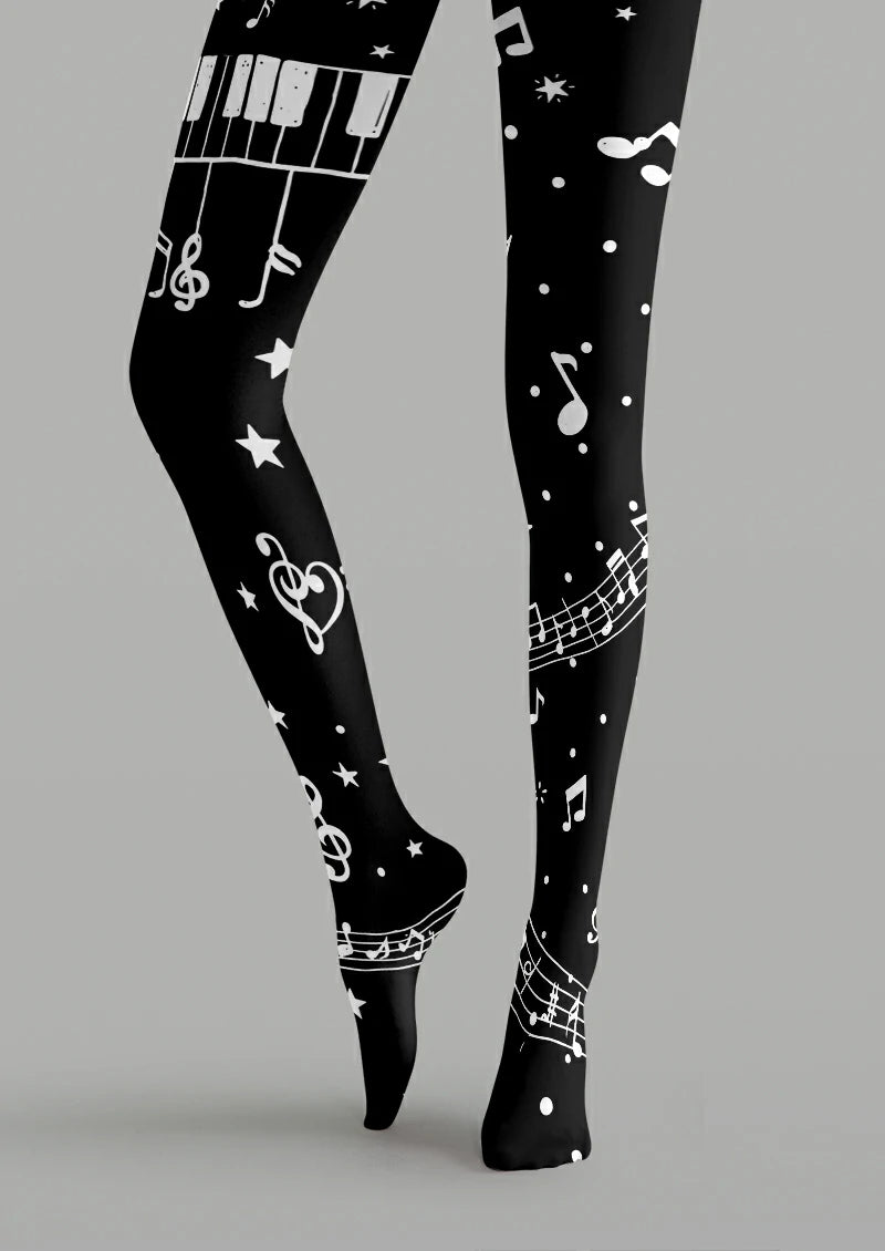 Black Piano and Music Note Tights
