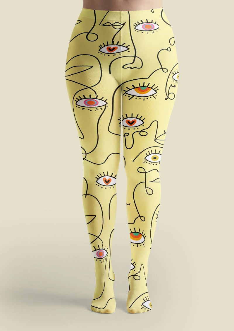Yellow Eye Doodle Graphic Print Tights Hosiery Pantyhose
