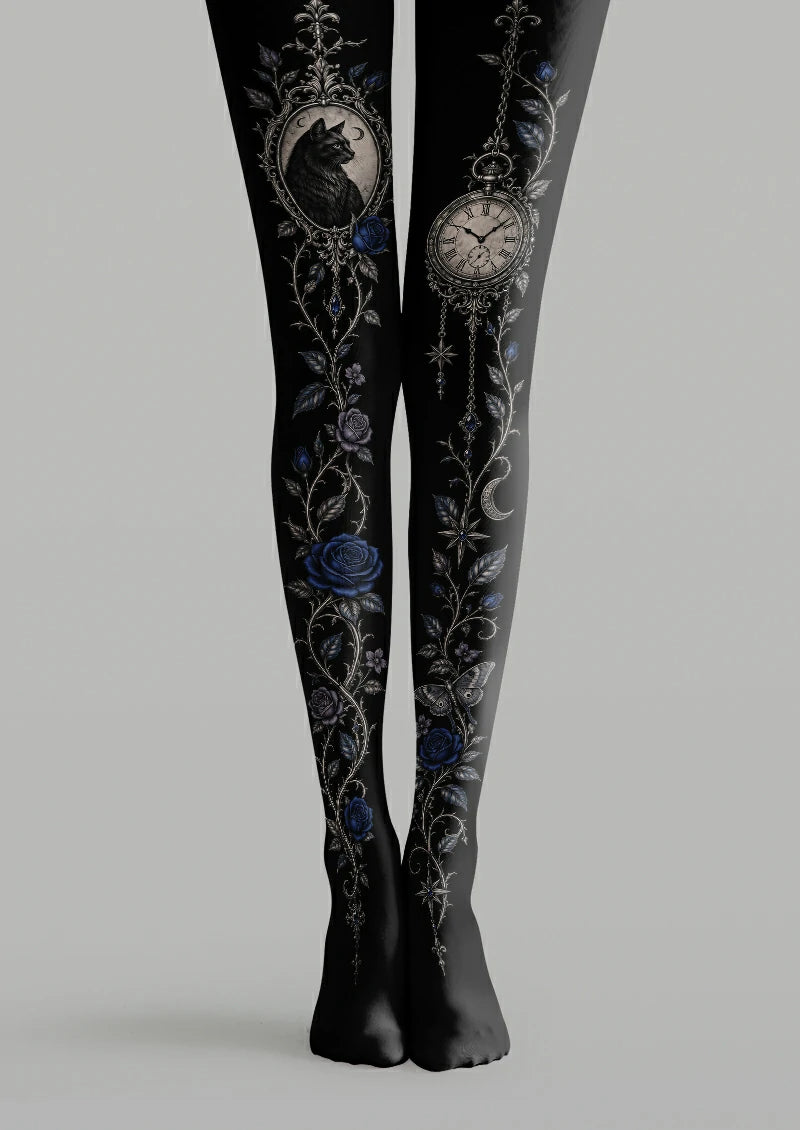 Black printed tights with cat portrait, pocket watch, blue roses, crescent moon and moth