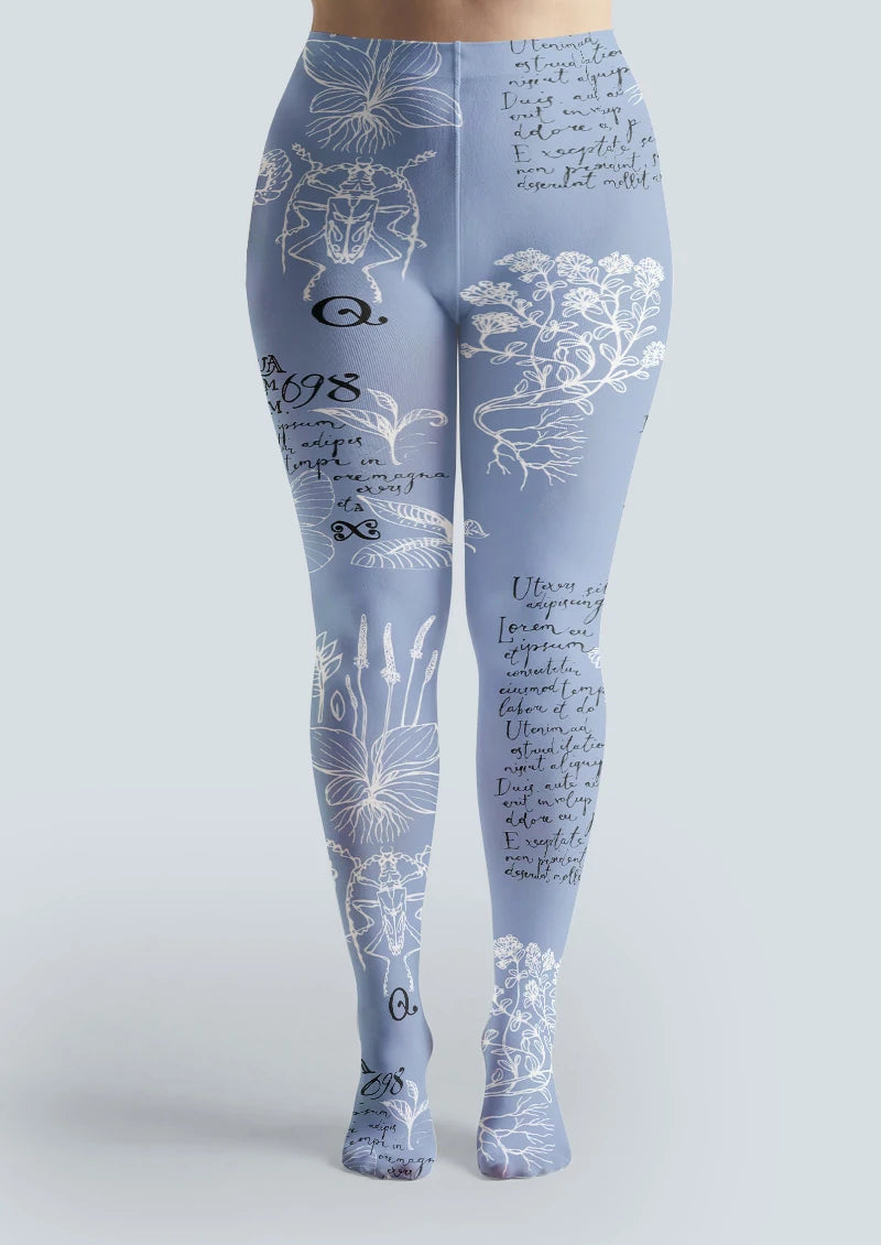 Powder Blue Botanical Script Tights Hosiery Pantyhose
