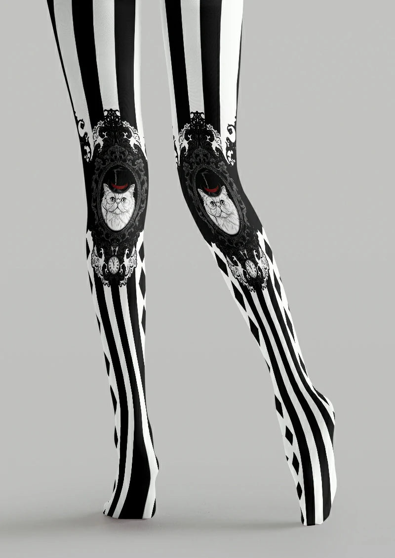 White Cat Portrait Stripe Tights