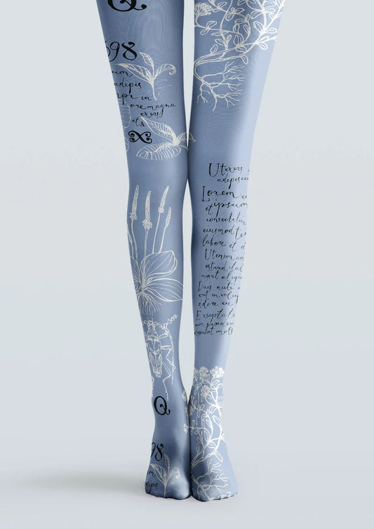 Powder Blue Botanical Script Tights Hosiery Pantyhose
