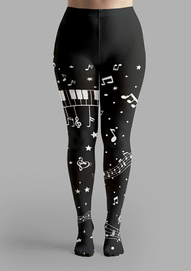 Black Piano and Music Note Tights