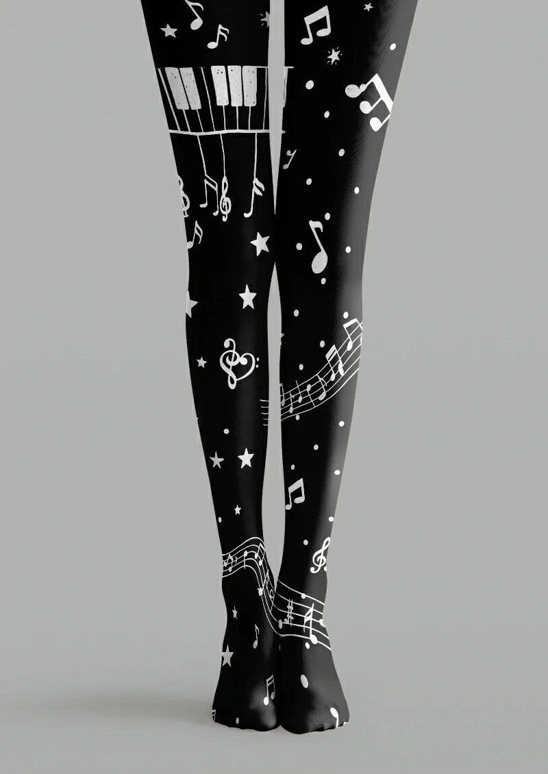 Black Piano and Music Note Tights