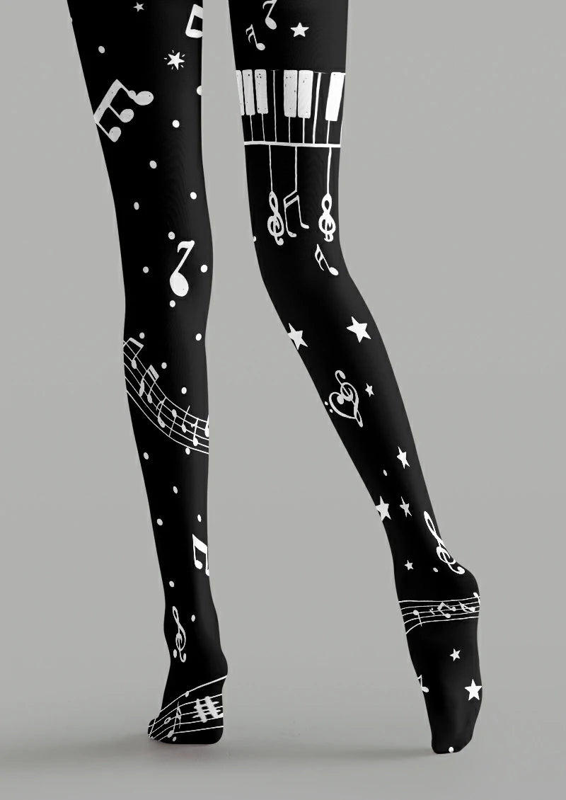 Black Piano and Music Note Tights