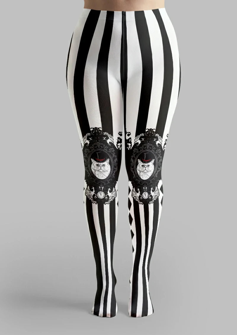 White Cat Portrait Stripe Tights