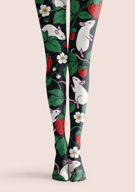 Black tights with white mice, red strawberries, green leaves, and white flowers with yellow centers