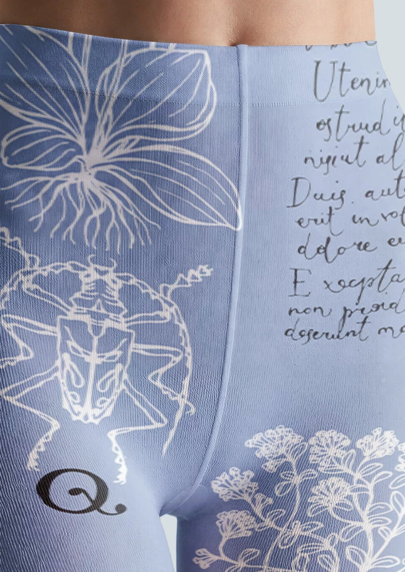 Powder Blue Botanical Script Tights Hosiery Pantyhose