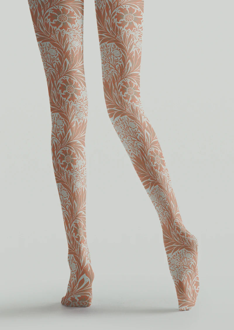 Orange and white printed tights with dense flowers, curling stems, sweeping leaves and dotted flower centers