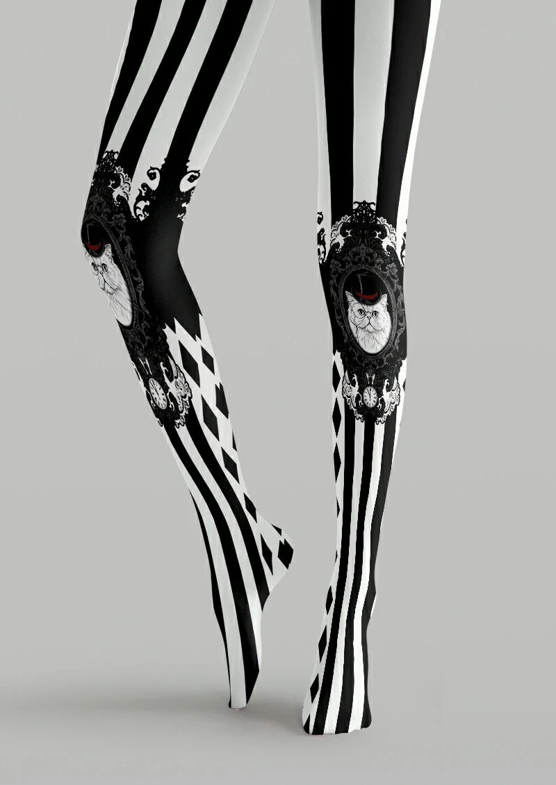 White Cat Portrait Stripe Tights