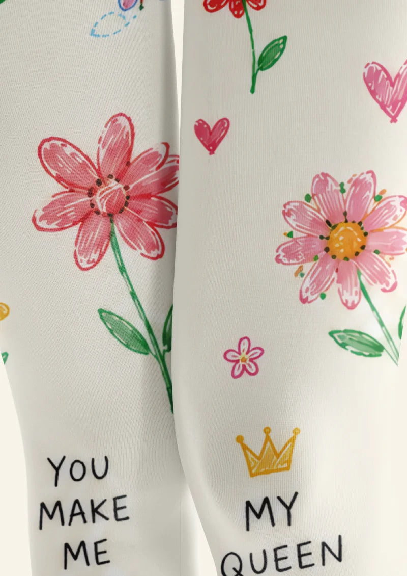 White Crayon Floral Doodle Tights