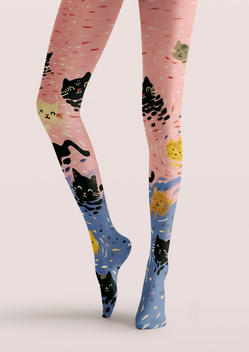 Pastel Cat Illustration Tights Hosiery Pantyhose