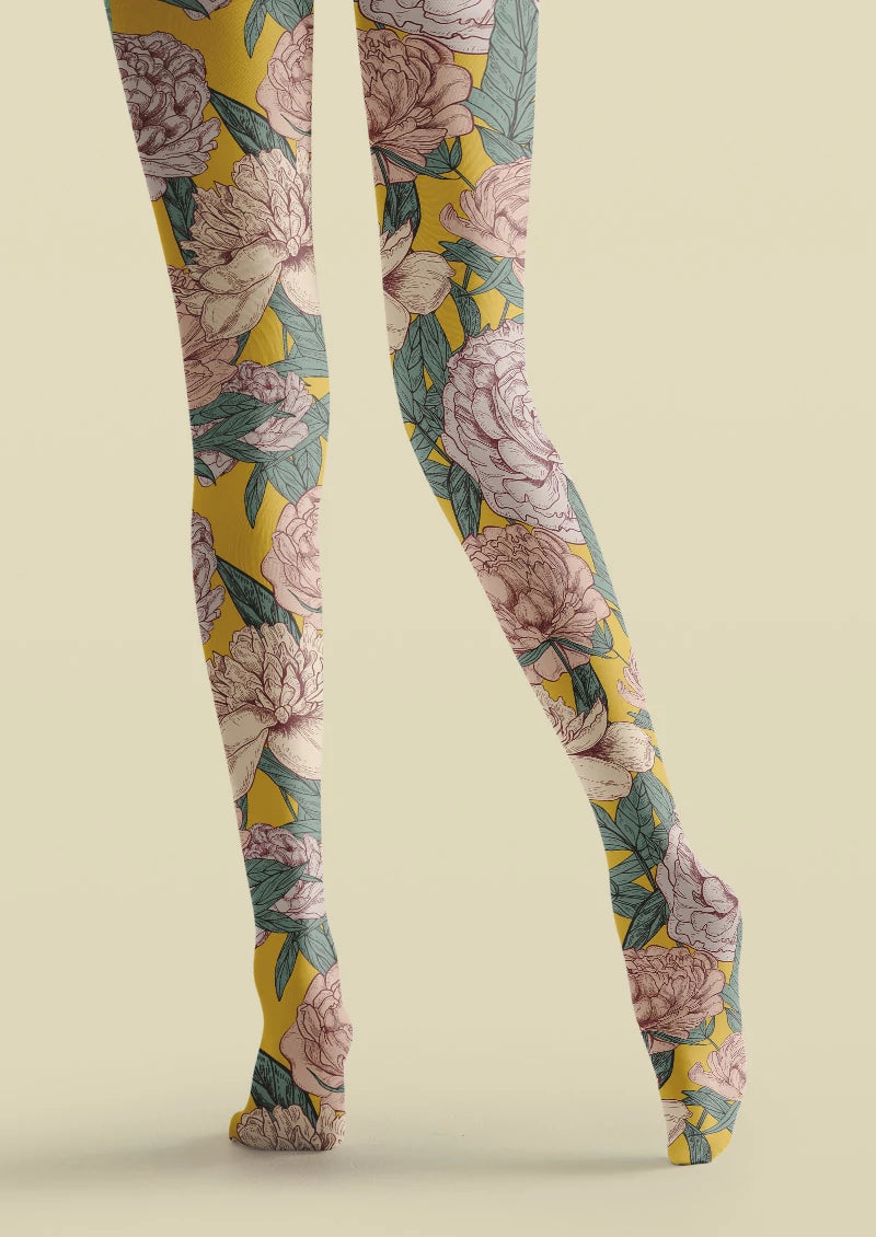 Golden Peony Garden Floral Tights Hosiery Pantyhose
