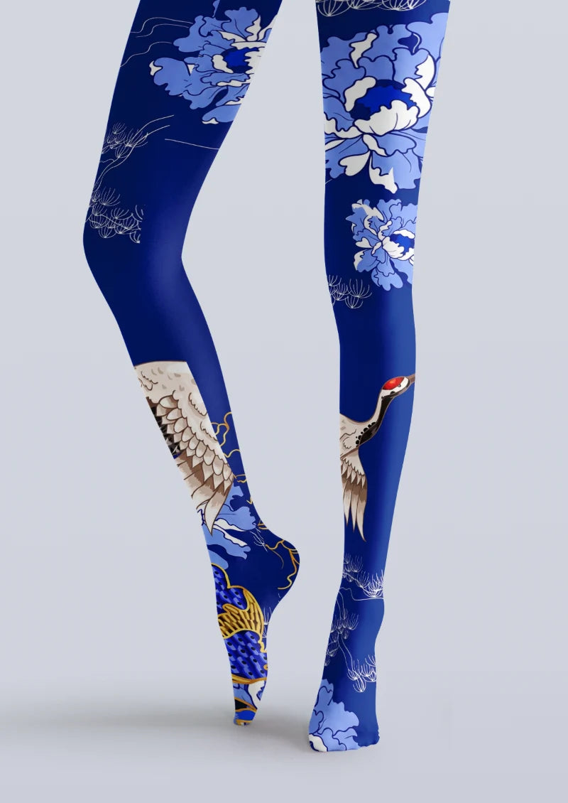 Navy Crane Floral Tights