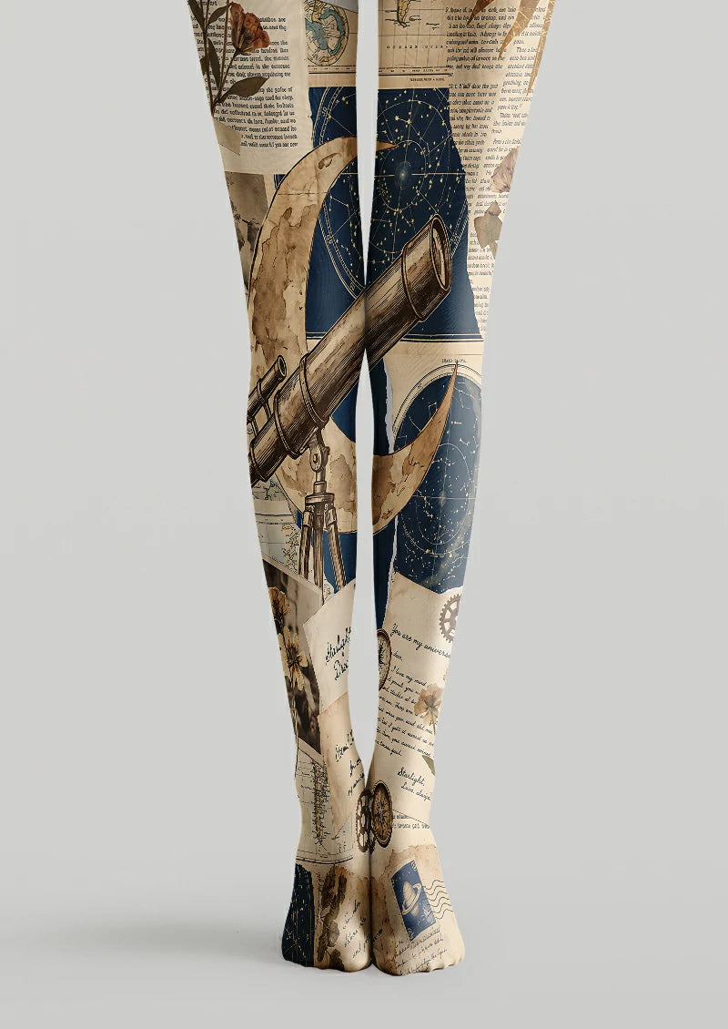 Beige printed tights with navy star charts, a crescent moon, a brown telescope, maps and text.