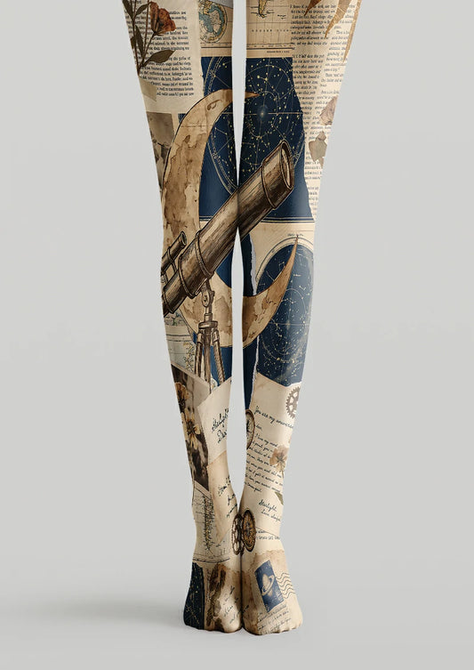 Beige printed tights with navy star charts, a crescent moon, a brown telescope, maps and text.