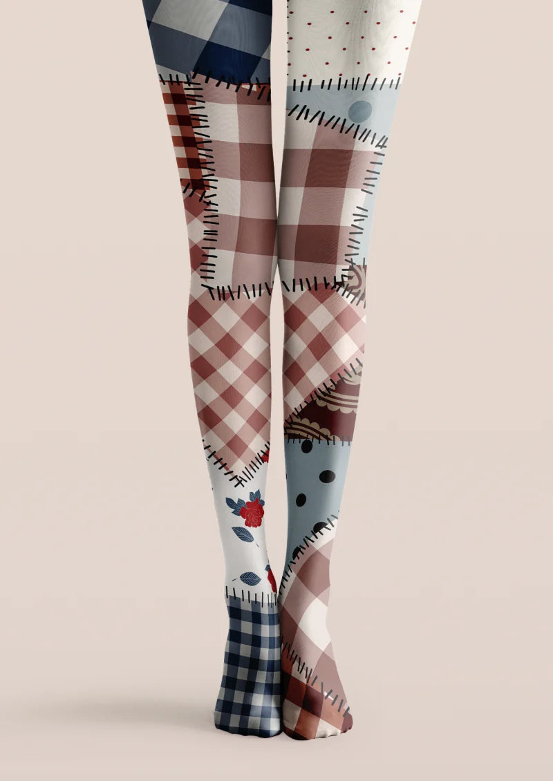 Beige, blue, and red printed tights with patchwork plaid panels, stitched details, dots, and a red rose motif