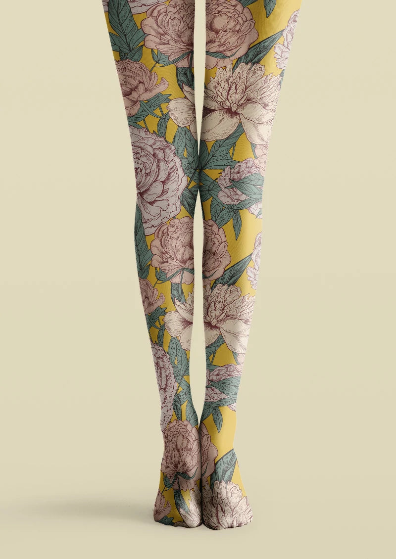 Golden Peony Garden Floral Tights Hosiery Pantyhose