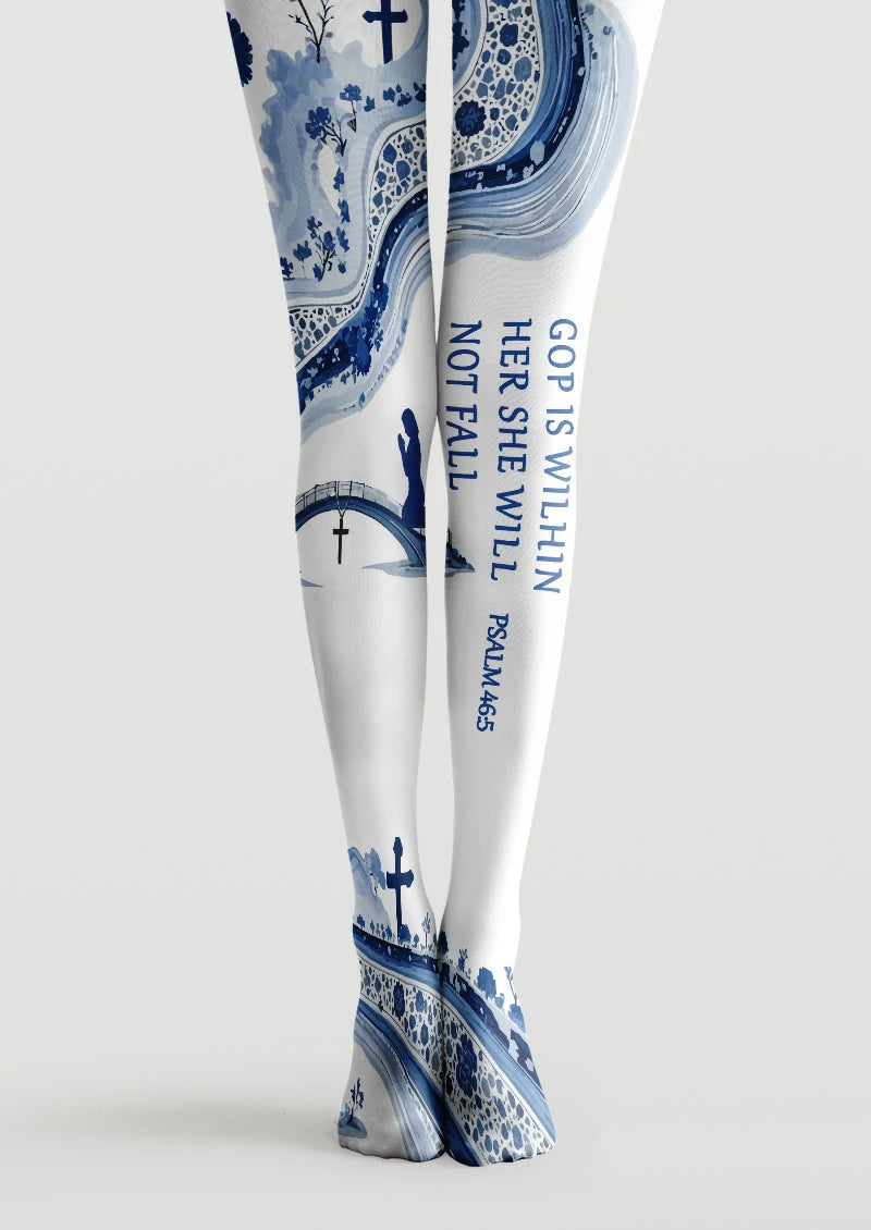 White printed tights with blue watercolor paths, crosses, kneeling figure, and Psalm 46:5 text