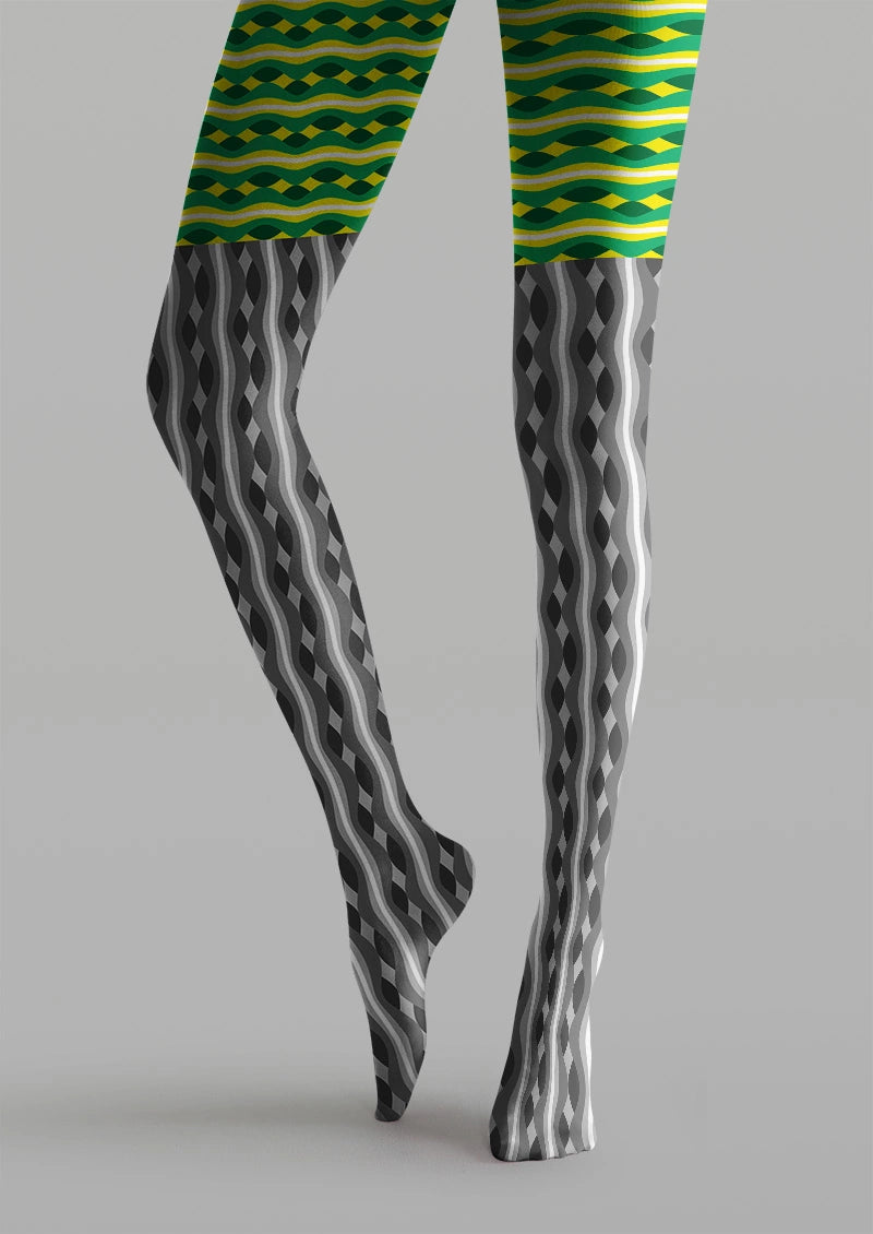 Two-Tone Green Grey Geometric Striped Pattern Tights Hosiery Pantyhose