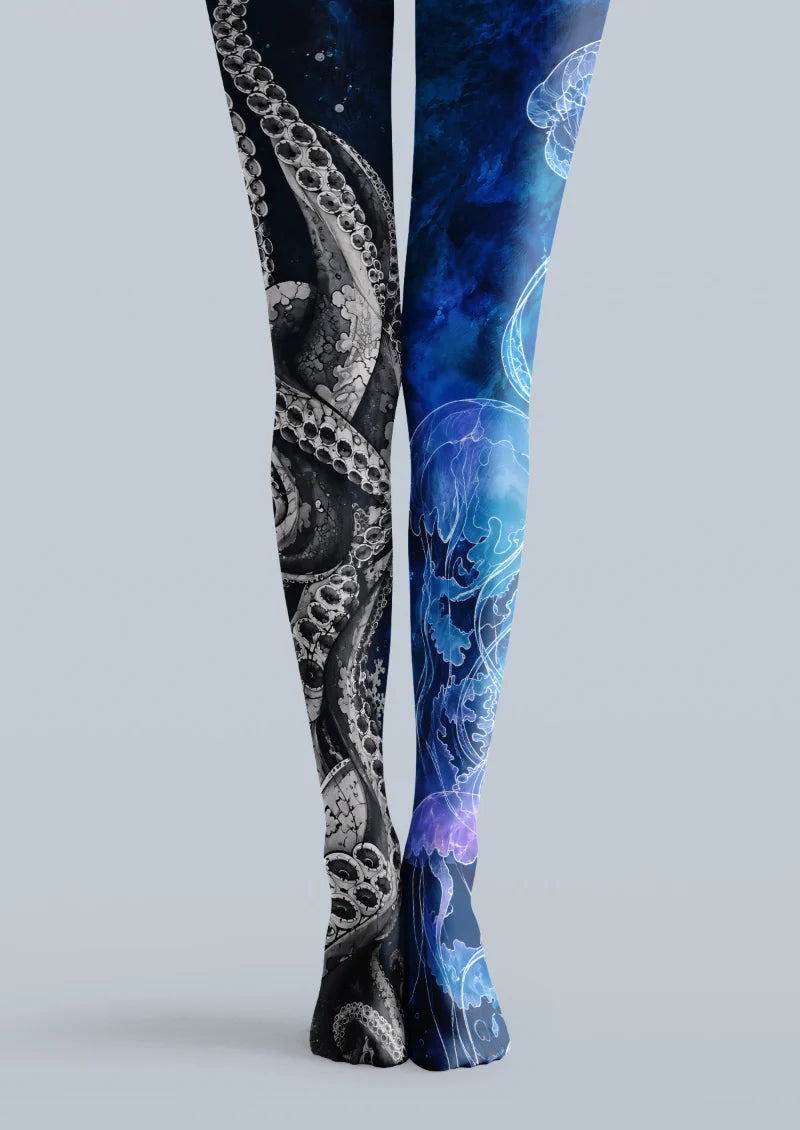 Black and blue printed tights with a gray octopus on one leg and luminous jellyfish motifs on the other.