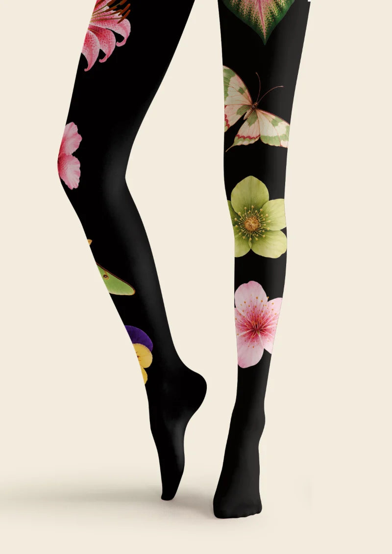Black Floral and Moth Tights