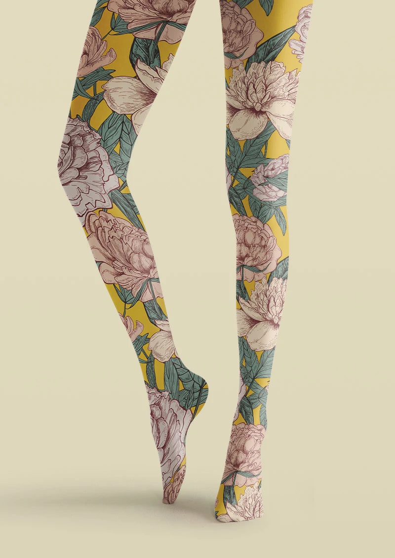 Golden Peony Garden Floral Tights Hosiery Pantyhose