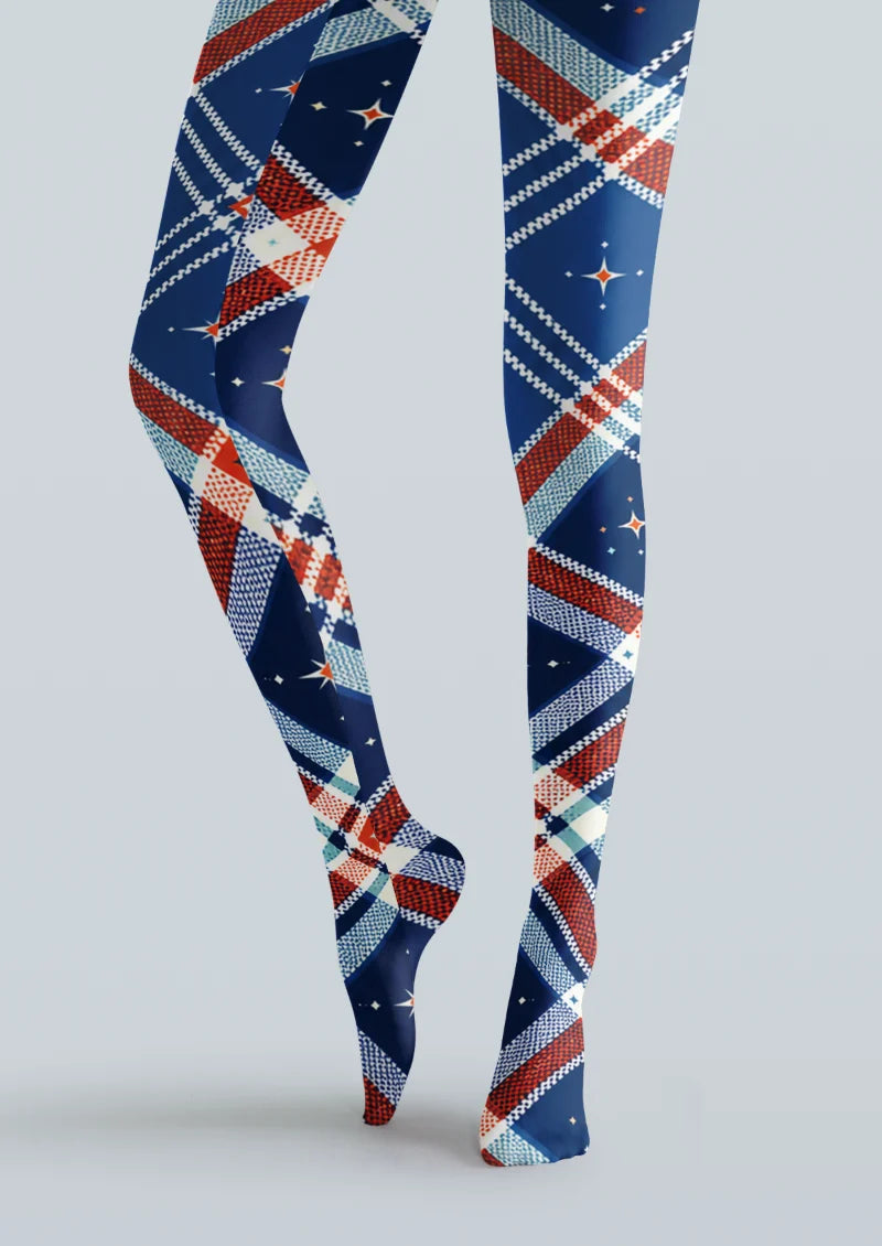 Navy Red Plaid Tights